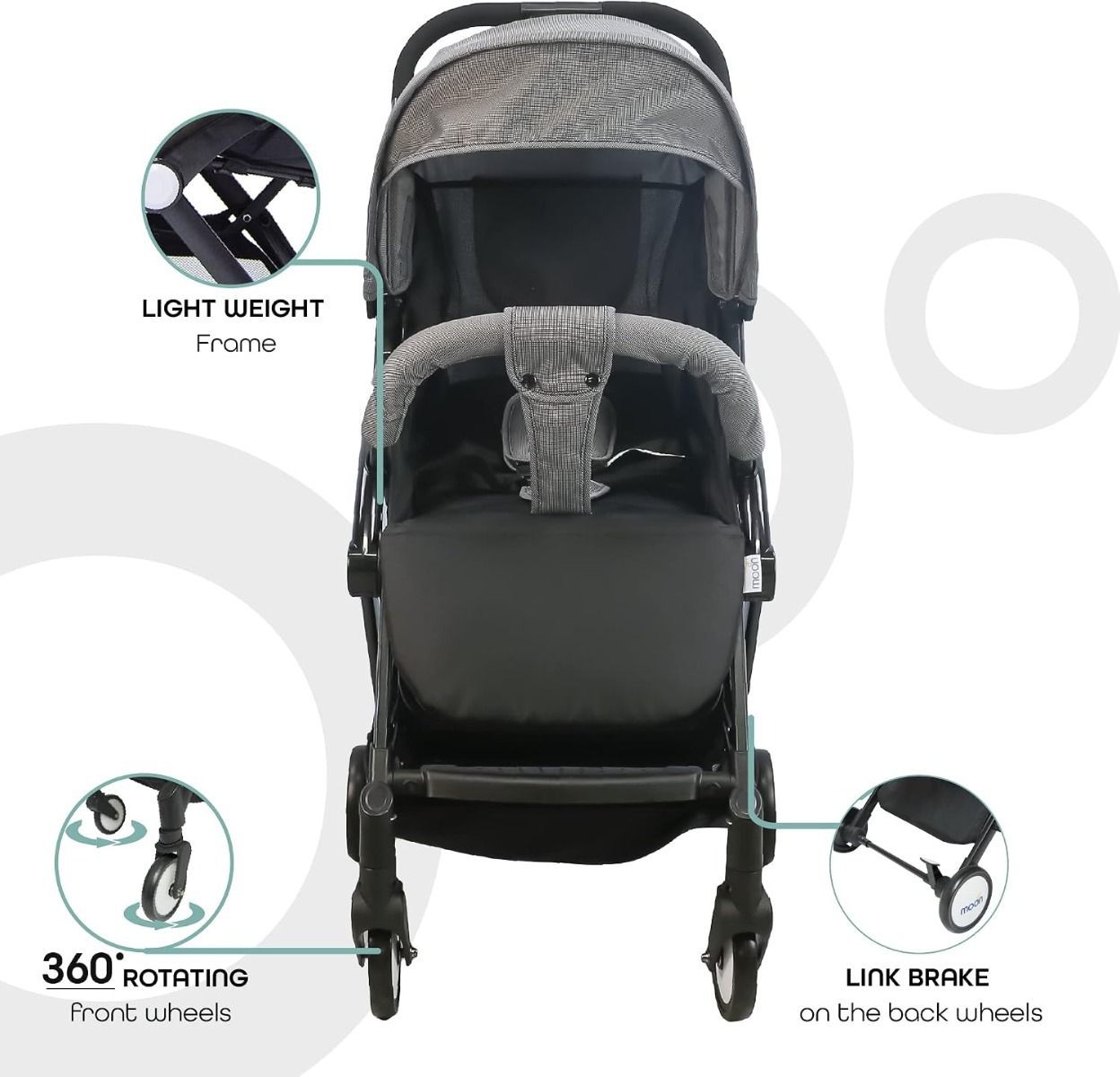 The Moon Brand TravelLite Compact Cabin Stroller - Lightweight Foldable Pushchair for Baby, Up to 18 kg | Black/Grey 