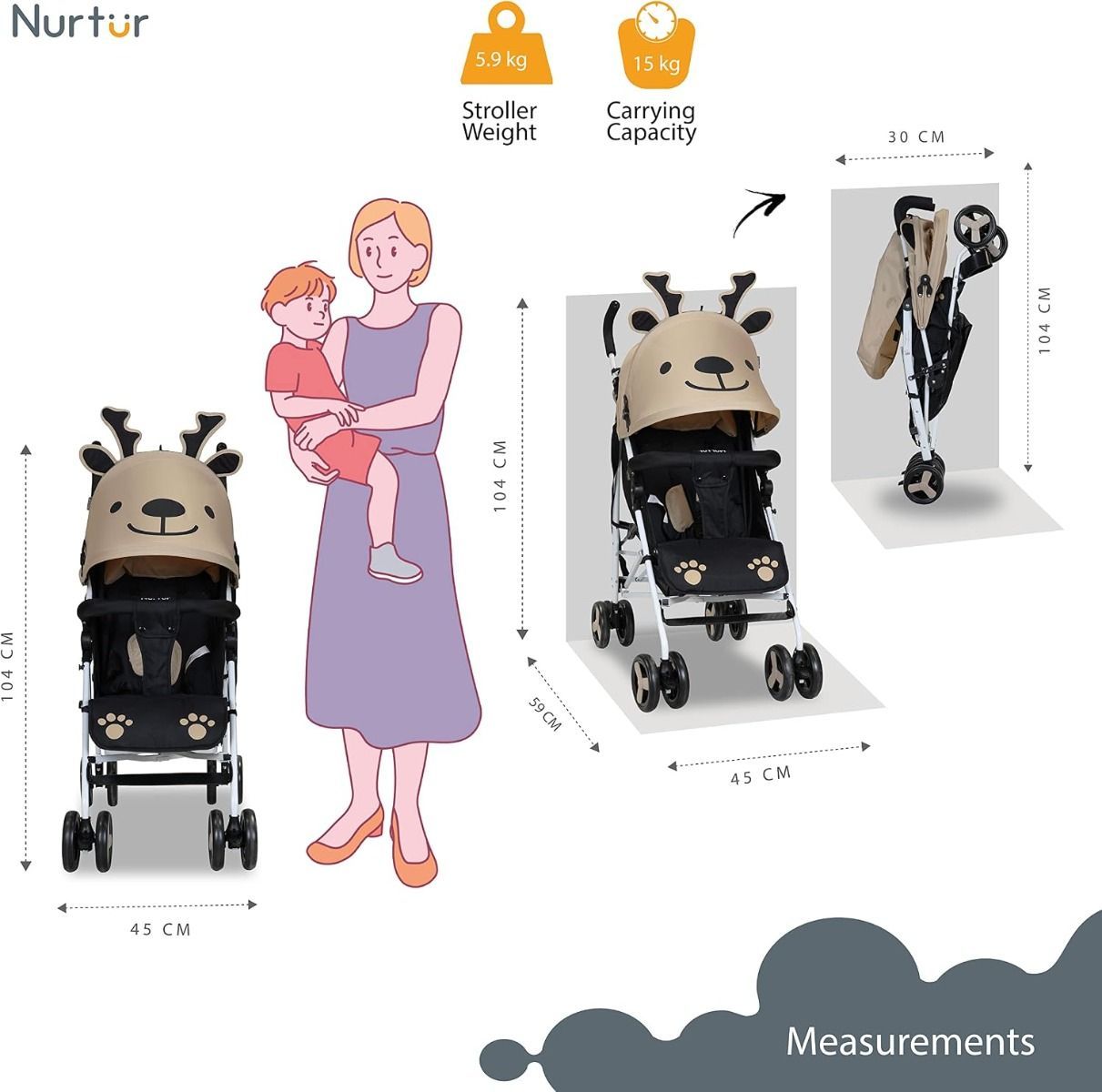 Nurtur Luca Lightweight Stroller - Compact Foldable Baby Carriage with 5-Point Safety Harness Sand, 26 lbs, 0-36 Months
