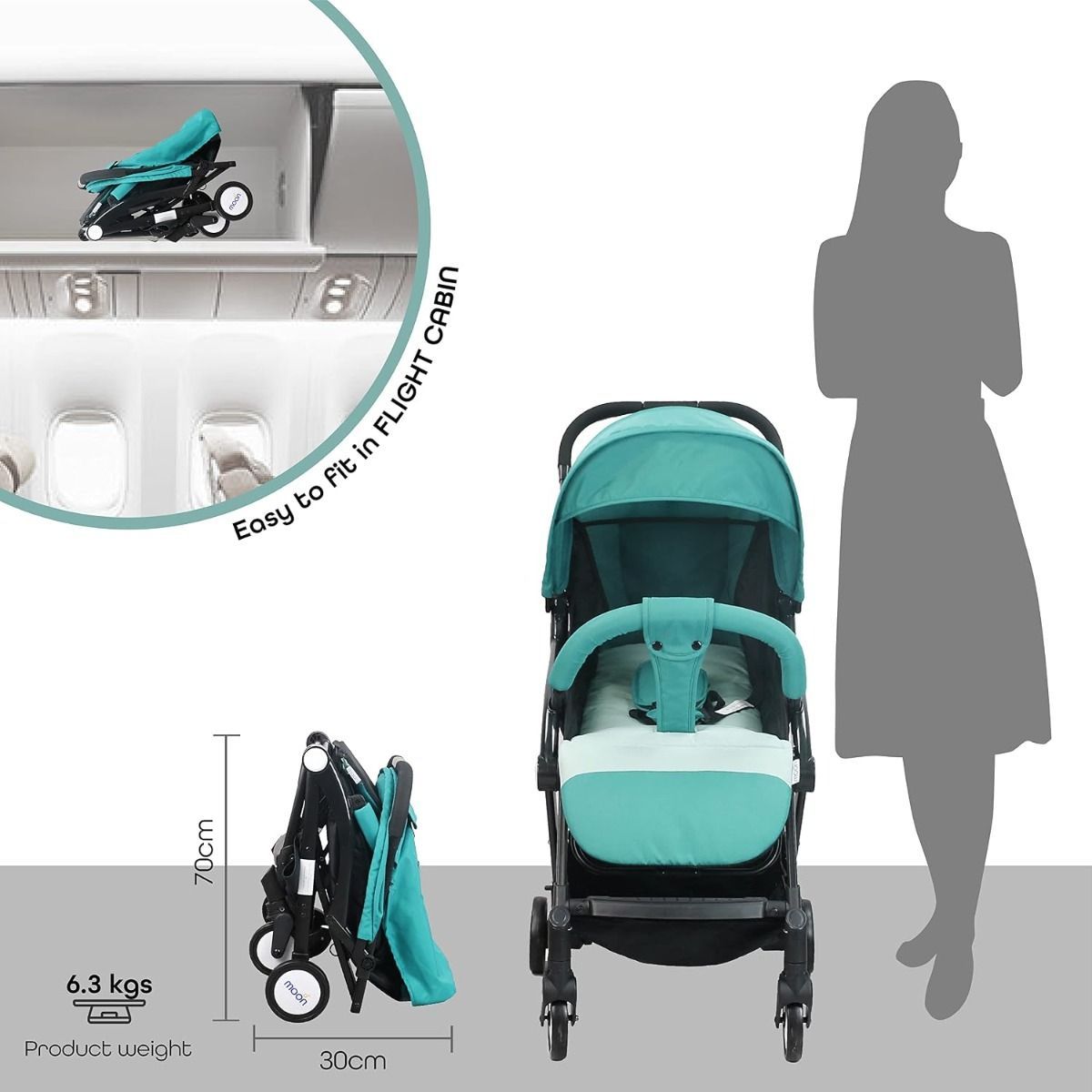 The Moon Brand Ritzi TravelLite Compact Stroller - Lightweight Foldable Pram for Air Travel, 0-18kg, Birth to 3 Years, 5-Point Harness | Sea Blue