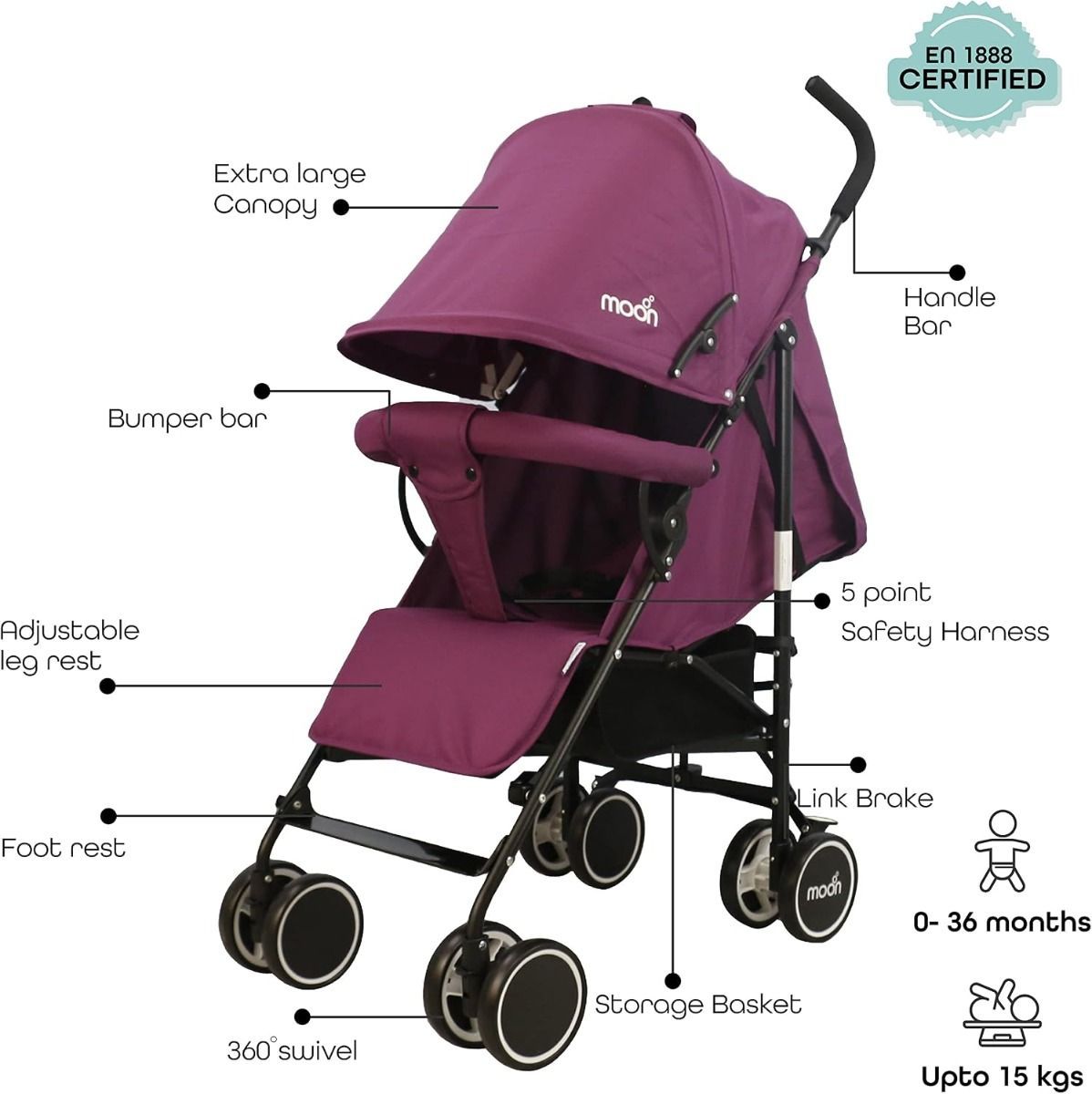 The Moon Brand Neo Plus Lightweight Umbrella Stroller, Compact Fold, Multi-Position Recline, Up to 18 kg, 0 Months+, 5-Point Safety Belt | Purple