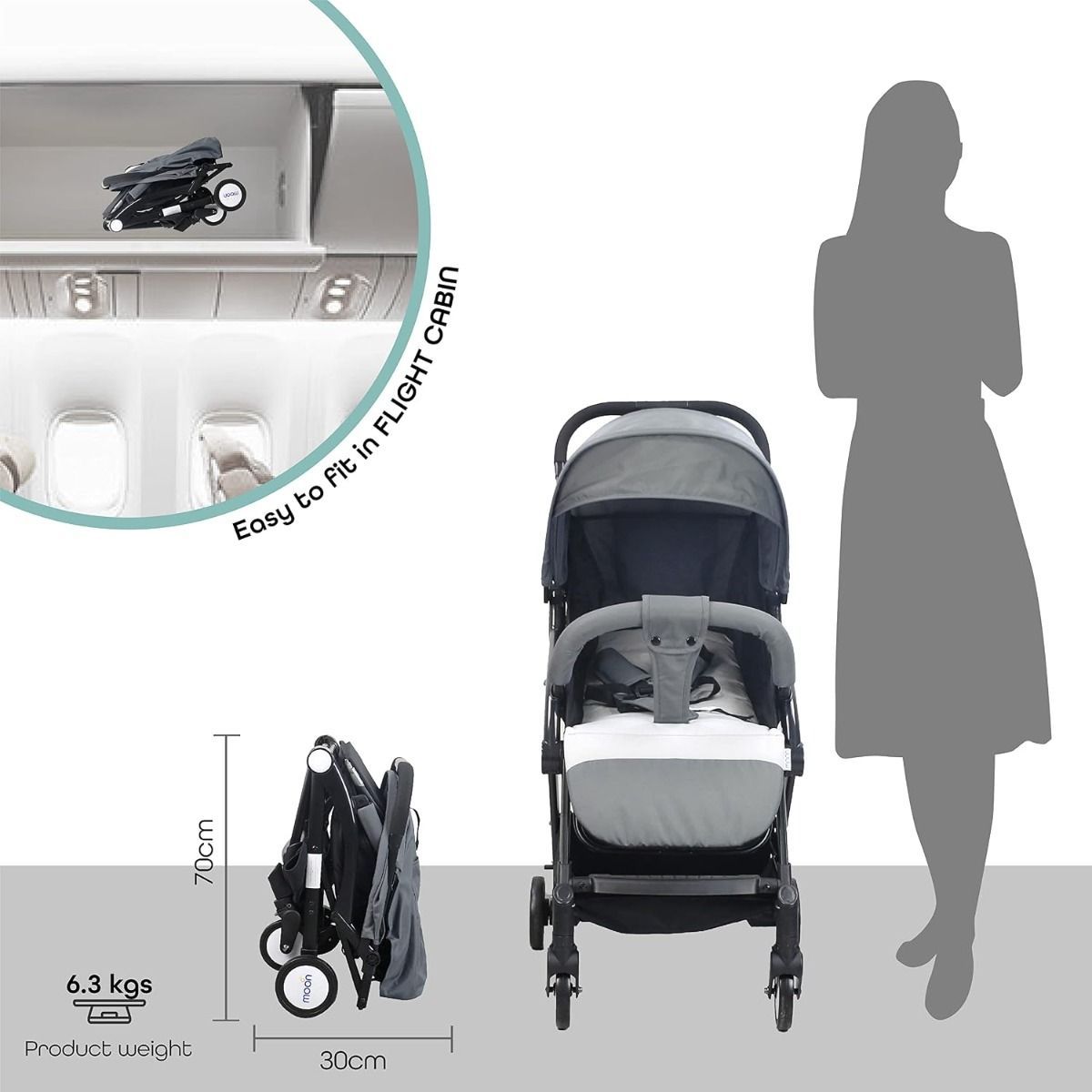 The Moon Brand TravelLite Compact Stroller - One-Hand Fold Cabin-Approved Pram for Newborns to 3 Mid Grey, 0 - 18kg, Birth to 3 Years, 5-Point Safety Harness