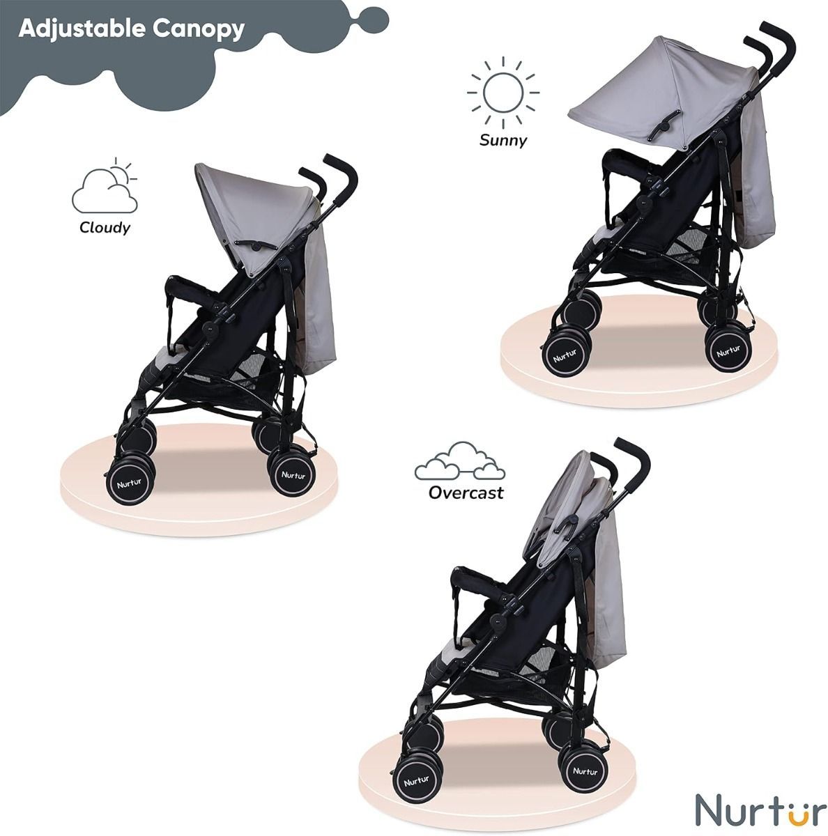 Nurtur Archer Lightweight Baby Stroller 0-36 Months, Compact Folding Travel Pushchair, 5-Point | Light Grey