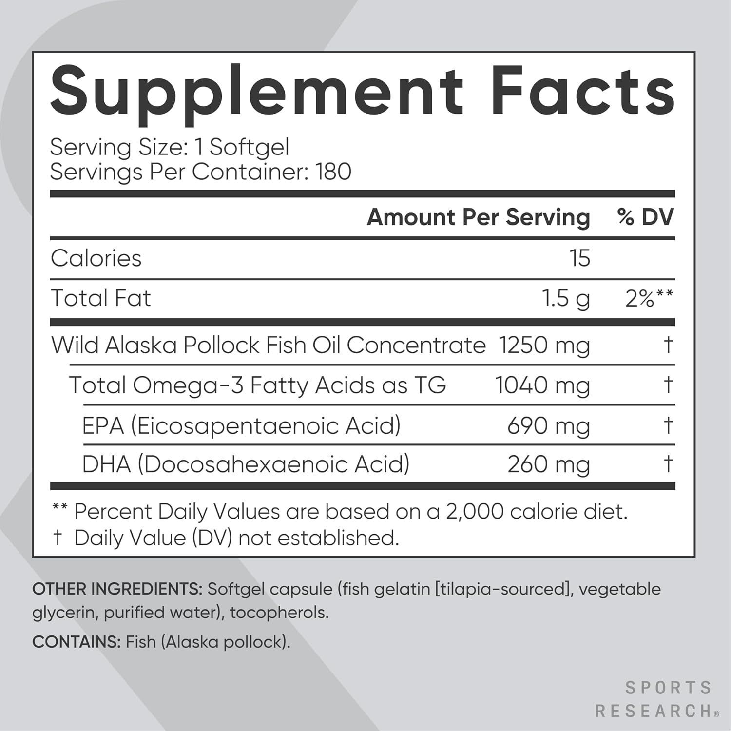 Sports Research Premium Triple Strength Omega-3 Fish Oil Softgels - 1250 mg, 180 Count