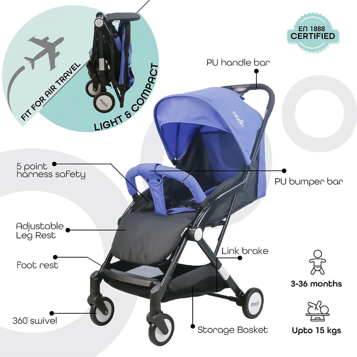 The Moon Brand Ritzi TravelLite Compact Stroller - One-Hand Fold Cabin Pram for Newborns, 0-18kg (up to 3 years), 5-Point Harness |  Cyan Blue