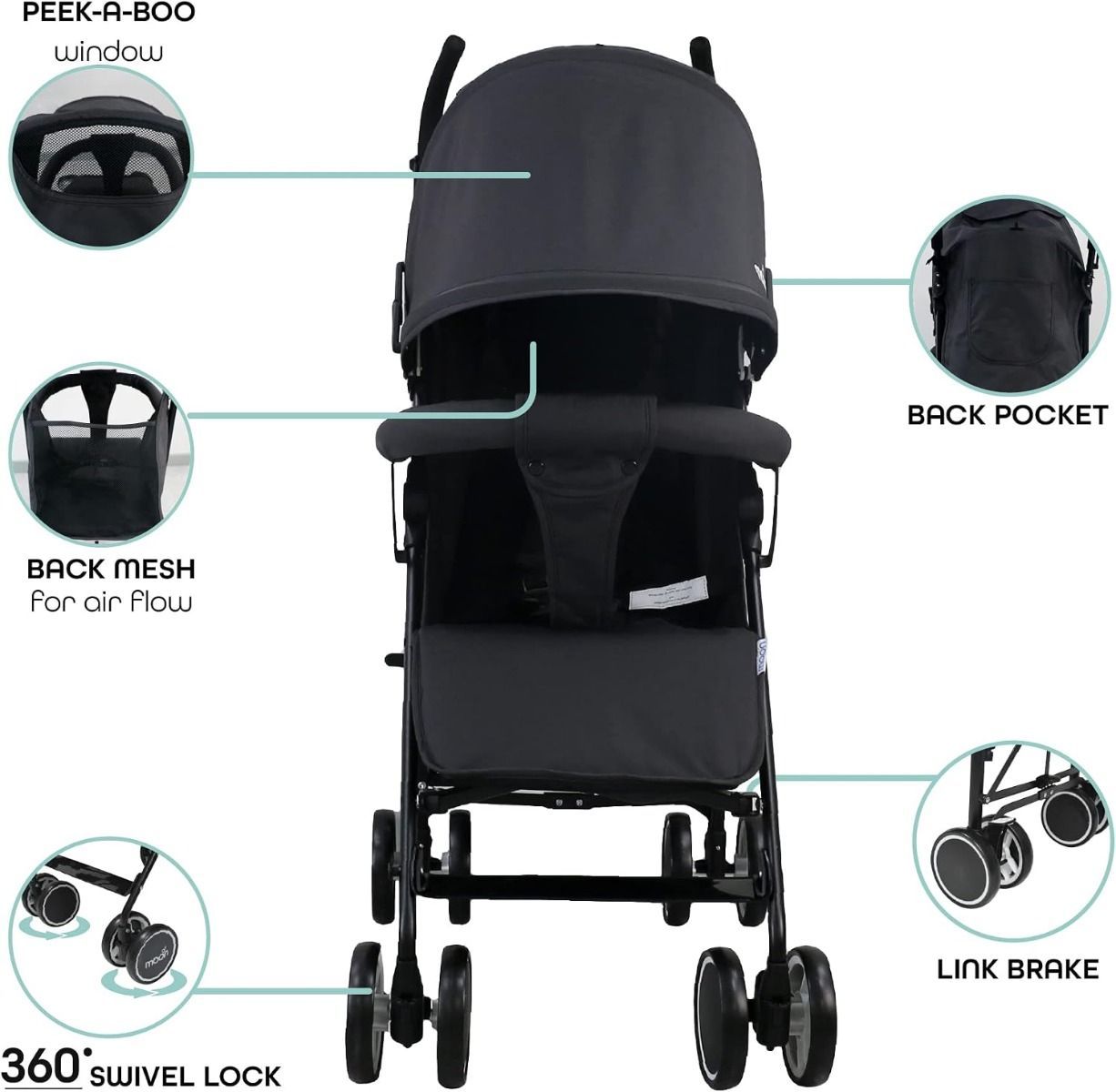 The Moon Brand Neo Plus Lightweight Travel Stroller - Umbrella Fold Pushchair for Newborns | Black