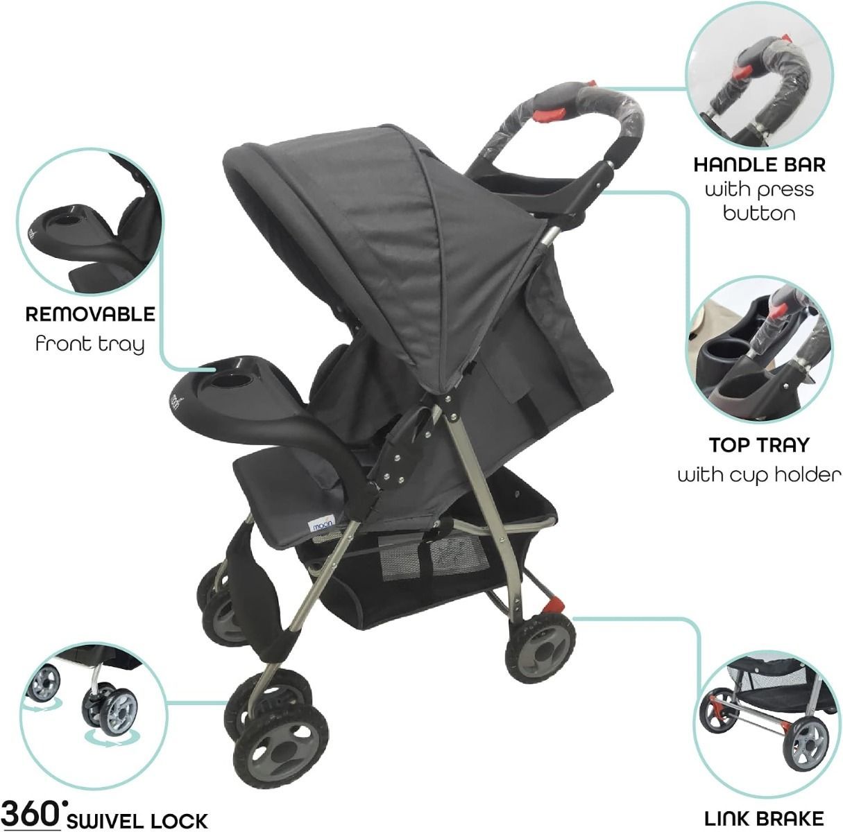 The Moon Brand Bezik One-Hand Fold Travel Stroller - Newborn to 24kg Infant Pram, Multi-Position, 0 Months+, 5-Point Harness | Dark Grey