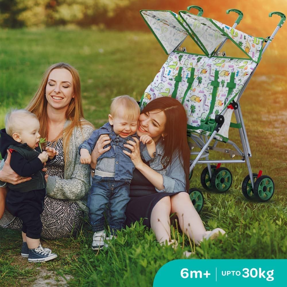 The Moon Brand Jet Plus Twin Buggy, Lightweight Umbrella Stroller for Twins & Siblings, 5-Point Safety Harness, Umbrella Fold | Green