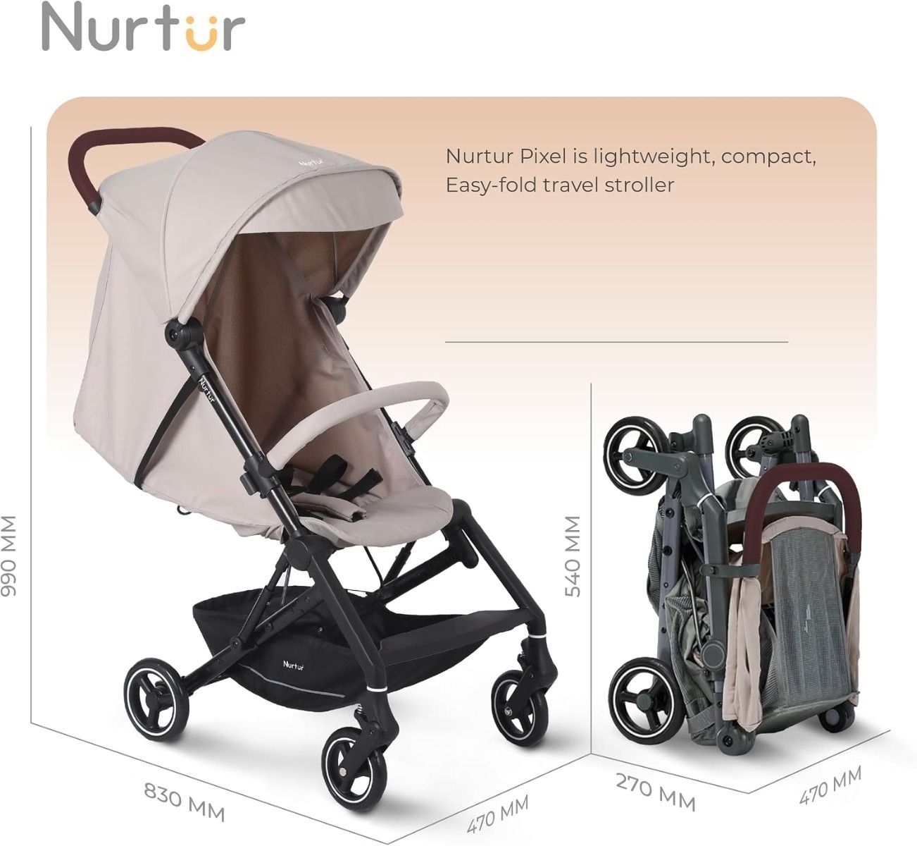 Nurtur Pixel Compact Travel Stroller - Ultra-Lightweight 5.9kg Cabin Stroller, Aluminium Frame  5-Point System