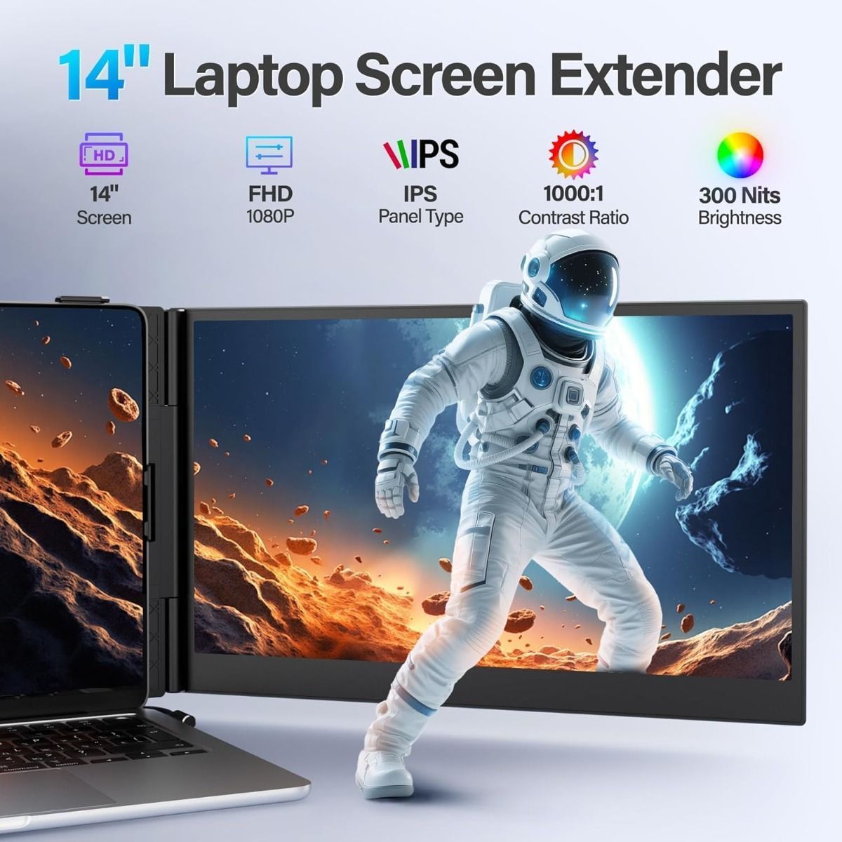 V2COM Laptop Screen Extender, 14-Inch 1080P FHD IPS Portable Monitor, Ultra-Thin & Lightweight, Plug & Play via Type-C/HDMI, Fits 13-17 Inch Laptops, 1.3 lbs - Black