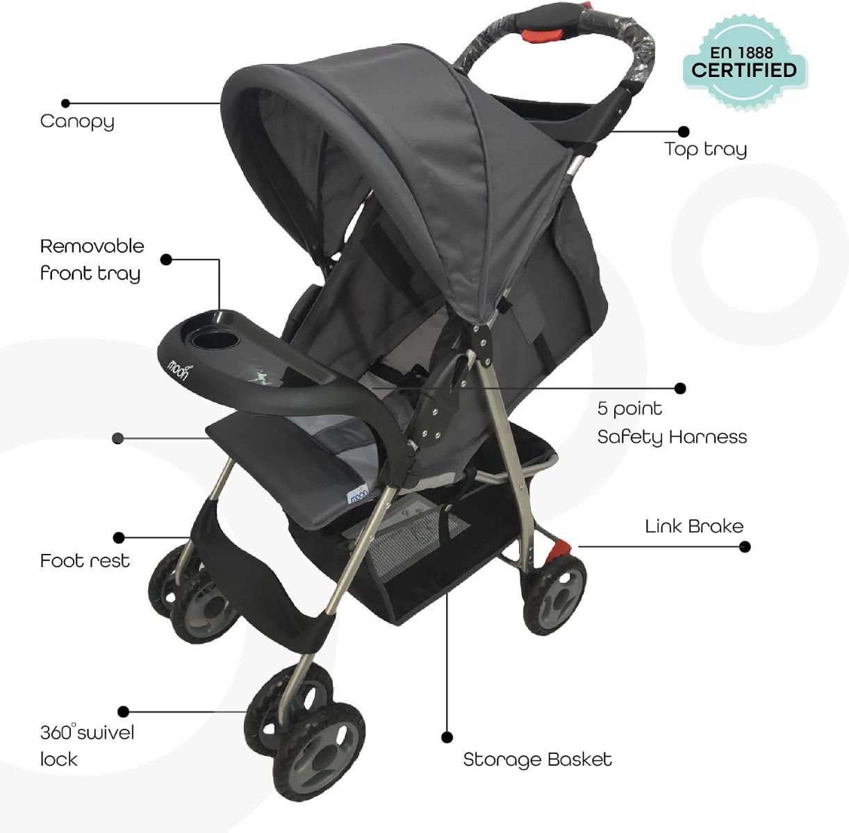 The Moon Brand  Bezik Baby Stroller - Lightweight One-Hand Foldable Travel Pram for Newborns to Toddlers up , Up to 24kg, 5-Point Harness | Grey