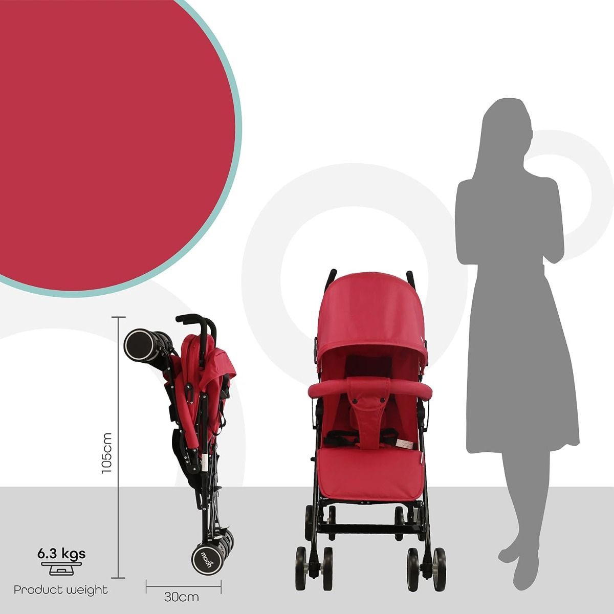 The Moon Brand Neo Plus Lightweight Travel Stroller Compact Umbrella Fold Pushchair for Babies Fire Red, 5-Point Safety Belt