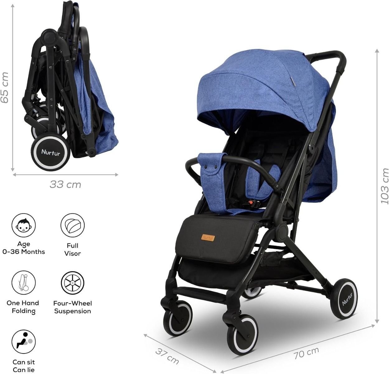 Nurtur Bravo Travel Stroller - Compact Foldable Baby Pushchair, 5-Point Harness, Reclining Seat, 0-36 months|Blue 