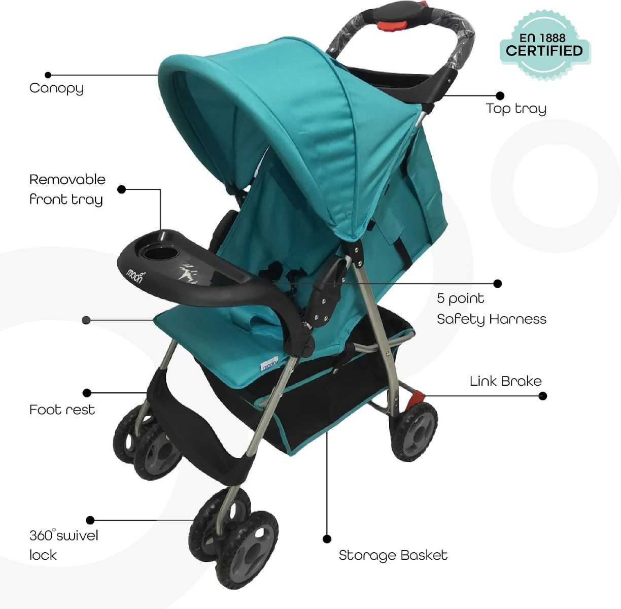 The Moon Brand Bezik One-Hand Fold Travel Stroller - Newborn to 24kg Compact Lightweight Pram Cyan Blue, 0 Months+, 5-Point Safety Harness