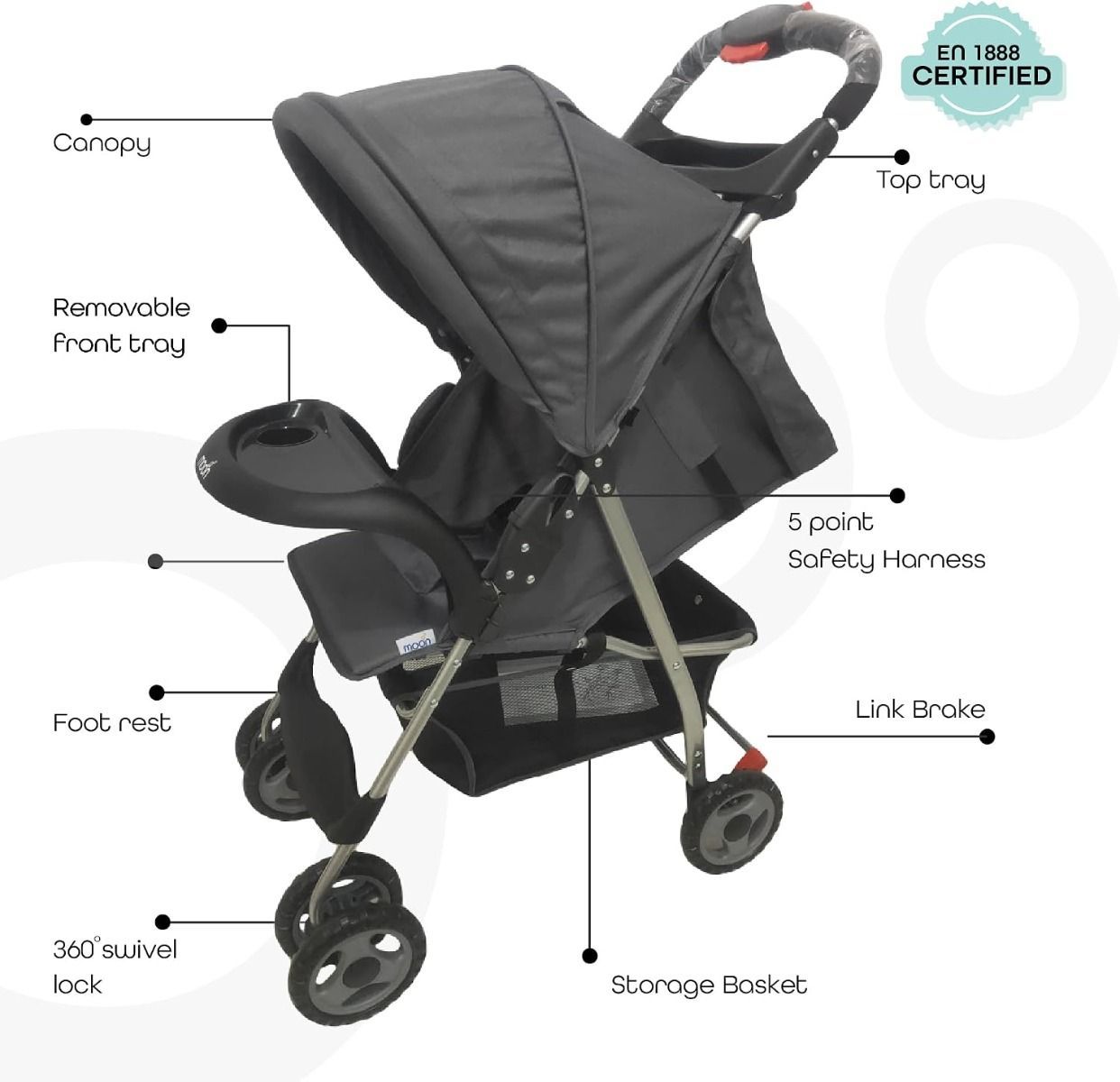 The Moon Brand Bezik One-Hand Fold Travel Stroller - Newborn to 24kg Infant Pram, Multi-Position, 0 Months+, 5-Point Harness | Dark Grey