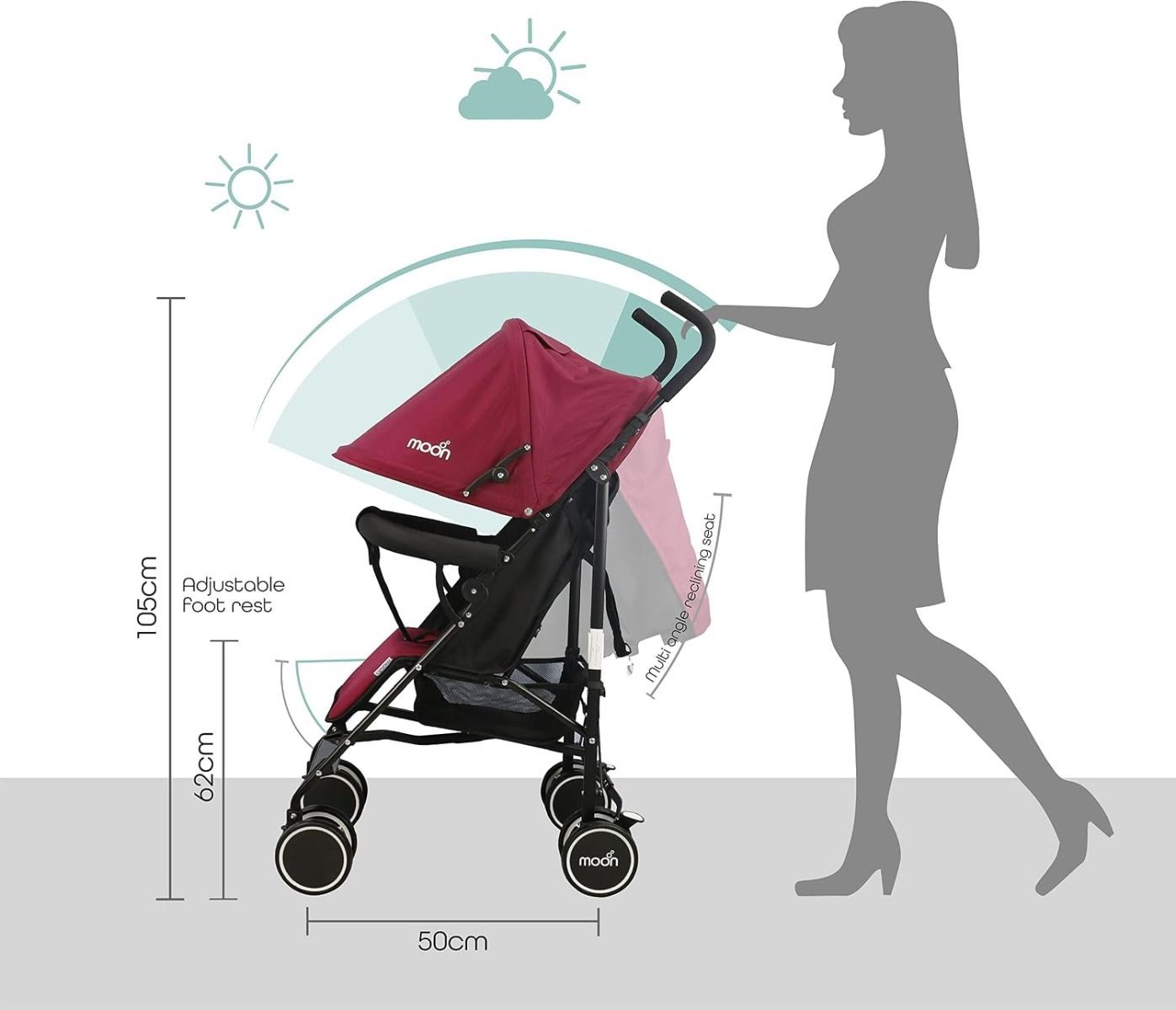 The Moon Brand Neo Plus Lightweight Travel Stroller - Compact Umbrella Fold Pushchair for Newborns Dark Red, Up to 18 kg, 0 Months+, 5-Point Safety Harness