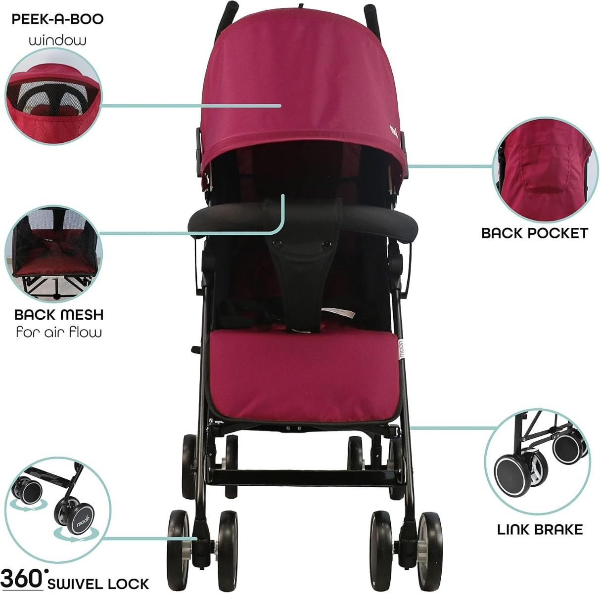 The Moon Brand Neo Plus Lightweight Travel Stroller - Compact Umbrella Fold Pushchair for Newborns Dark Red, Up to 18 kg, 0 Months+, 5-Point Safety Harness