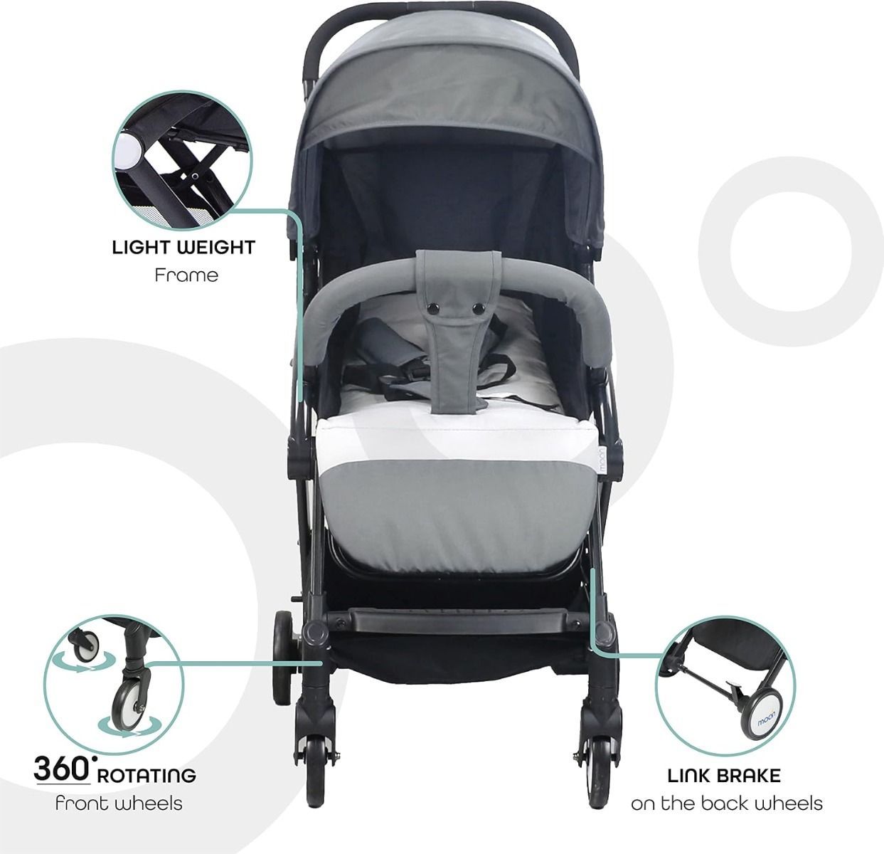 The Moon Brand TravelLite Compact Stroller - One-Hand Fold Cabin-Approved Pram for Newborns to 3 Mid Grey, 0 - 18kg, Birth to 3 Years, 5-Point Safety Harness