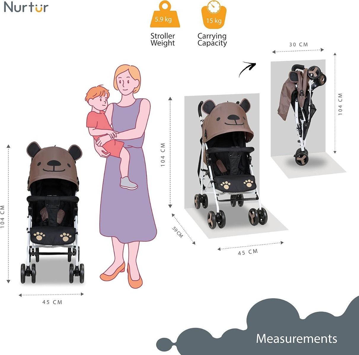 Nurtur Luca Lightweight Stroller for Baby & Kids, Compact Folding with Shoulder Strap, 5-Point, 26 lbs | Brown