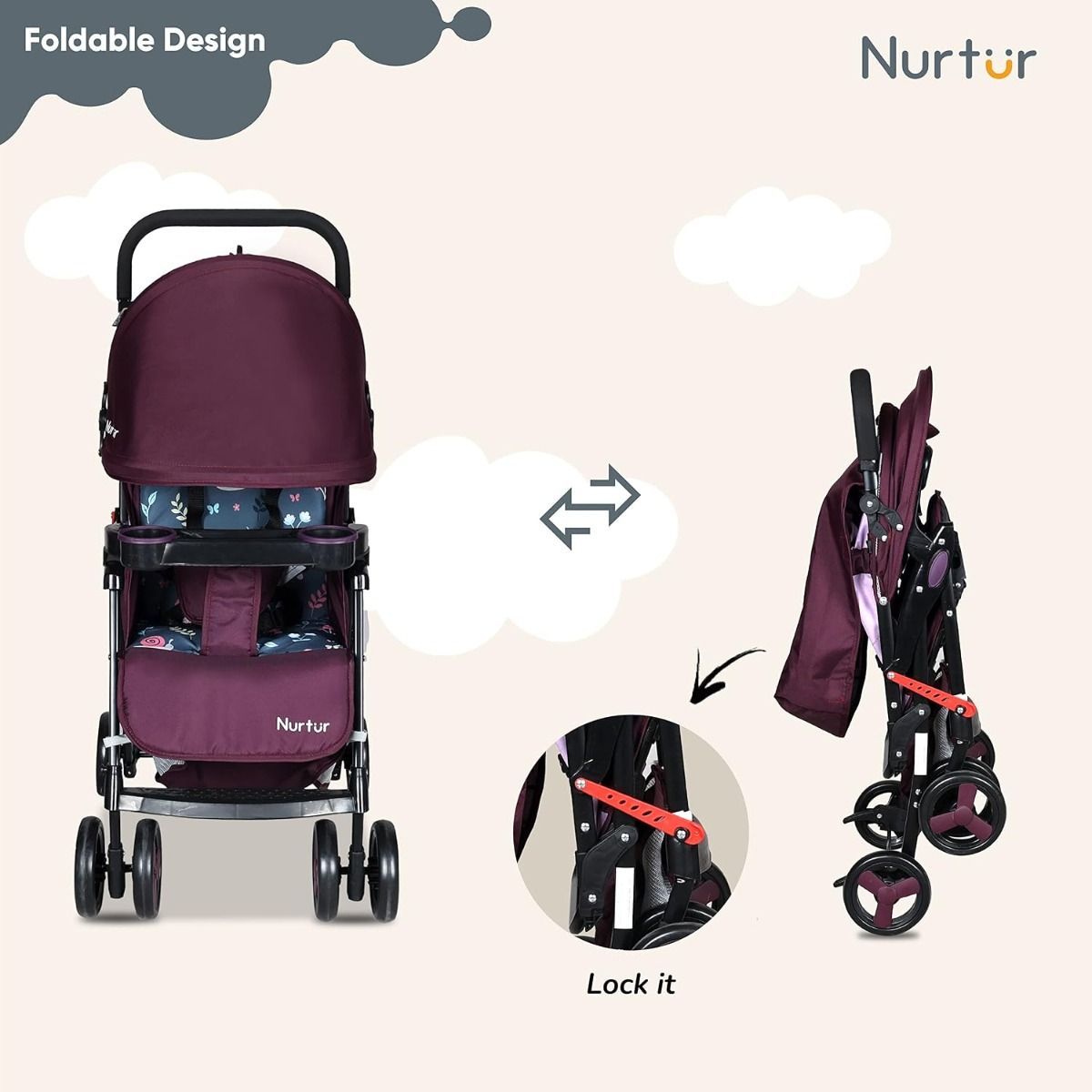 Nurtur Ryder Ultra-Compact Lightweight Baby Travel Stroller, Reclining Seat with Detachable Food  Burgundy Printed, 0-36 Months