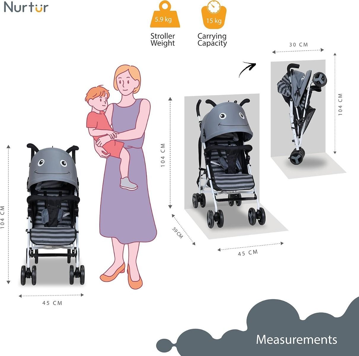 Nurtur Luca Lightweight Baby Stroller, Compact Folding Travel Stroller for Newborn to Toddler, 26 lbs, 0 - 36 Months, 5-Point Safety Harness | Grey