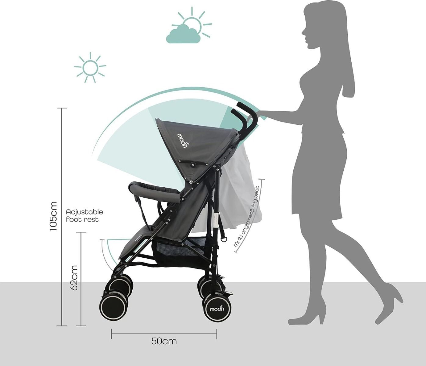 The Moon Brand Neo Plus Lightweight Travel Stroller Compact Umbrella Fold Pushchair for Babies, Up to 18 kg, 0 Months+ | Grey