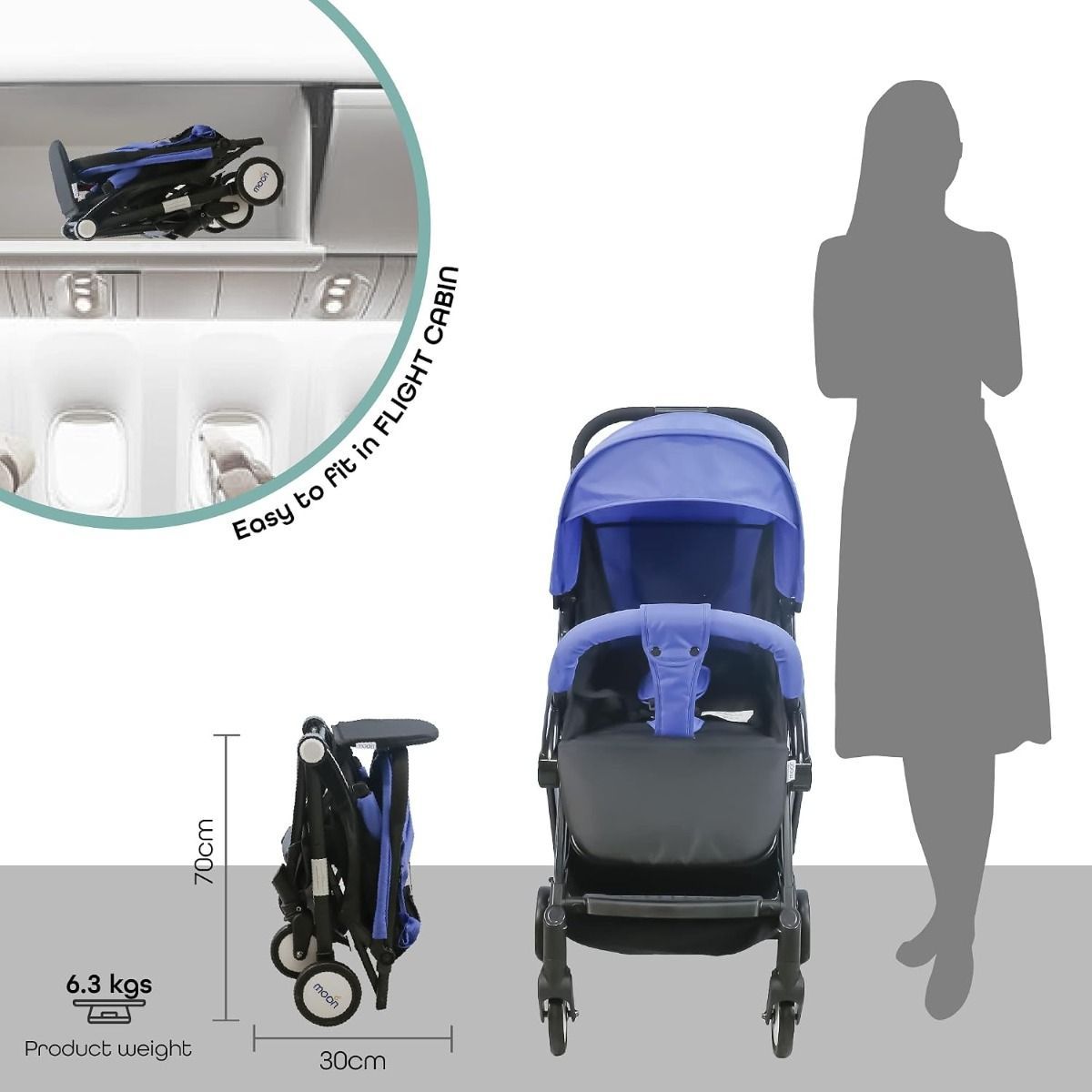 The Moon Brand Ritzi TravelLite Compact Stroller - One-Hand Fold Cabin Pram for Newborns, 0-18kg (up to 3 years), 5-Point Harness |  Cyan Blue