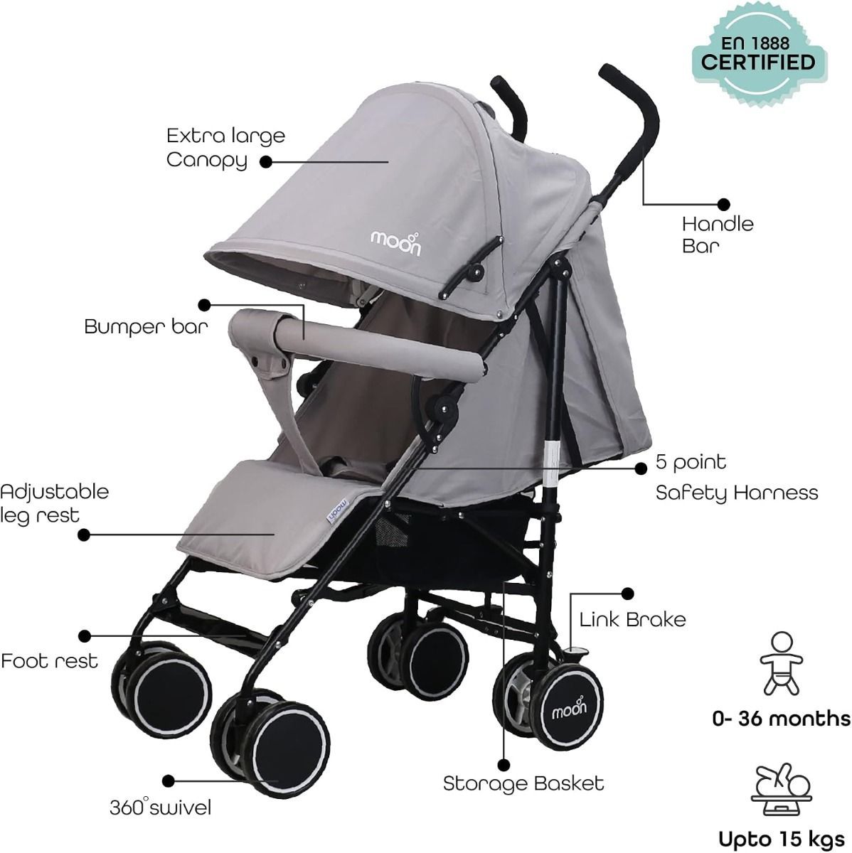 The Moon Brand Neo Plus Lightweight Travel Stroller - Compact Umbrella Fold Pushchair for Babies, 5-Point Harness | Light Grey