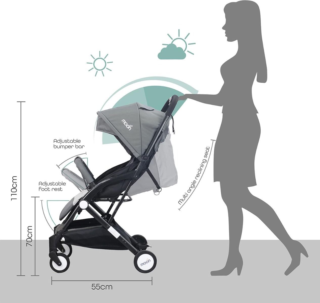 The Moon Brand TravelLite Compact Stroller - One-Hand Fold Cabin-Approved Pram for Newborns to 3 Mid Grey, 0 - 18kg, Birth to 3 Years, 5-Point Safety Harness