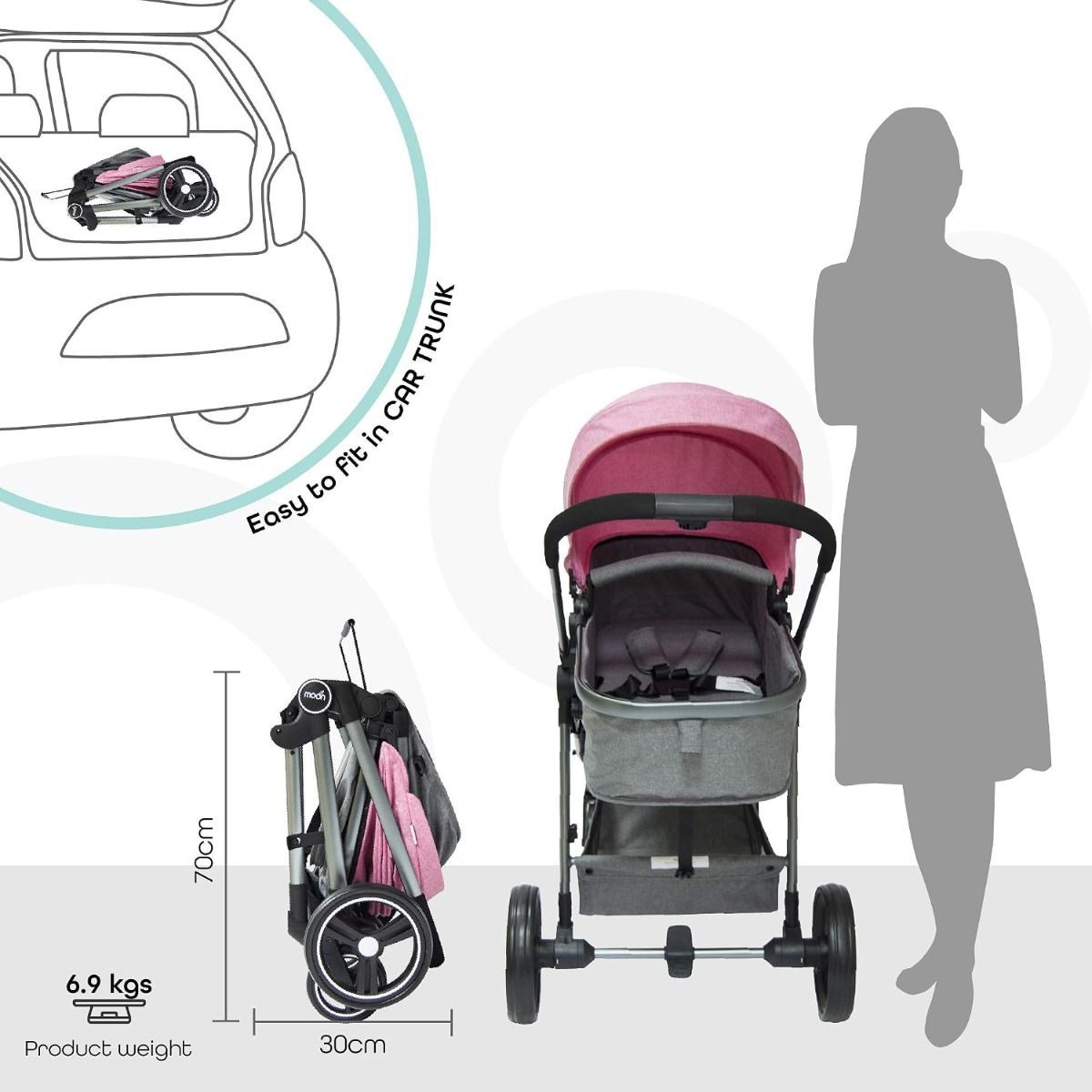 The Moon Brand Pro 2-in-1 Reversible Stroller & Carrycot - Lightweight Convertible, 12.5kg (Rear Facing) / 25kg (Forward Facing), Birth to 3 Years | Pink