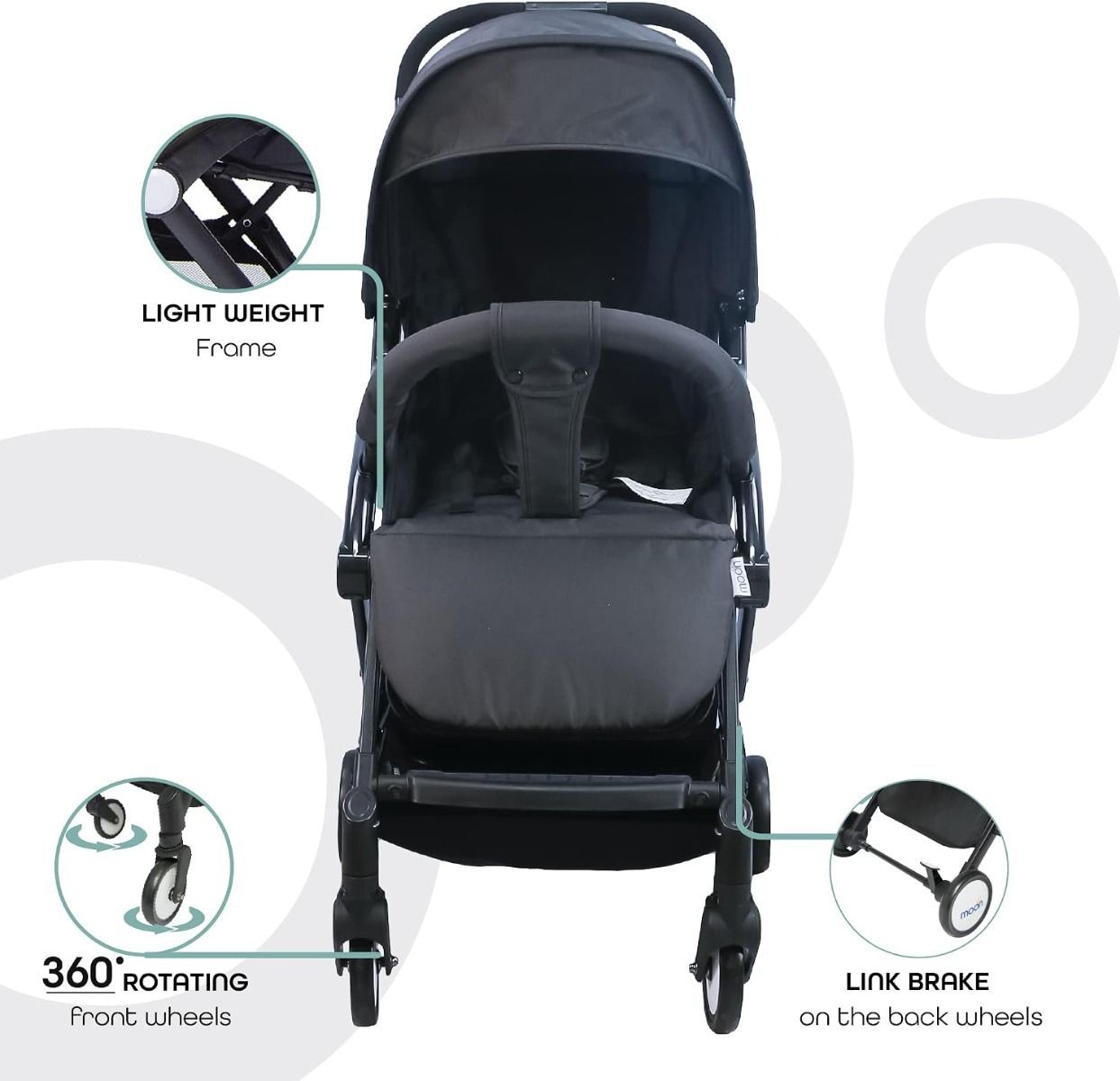 The Moon Brand TravelLite Compact Folding Stroller, Lightweight Cabin Approved Pushchair, 0-18kg, 5-Point Harness | Dark Grey