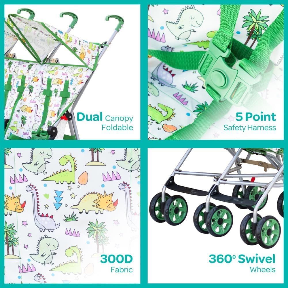 The Moon Brand Jet Plus Twin Buggy, Lightweight Umbrella Stroller for Twins & Siblings, 5-Point Safety Harness, Umbrella Fold | Green