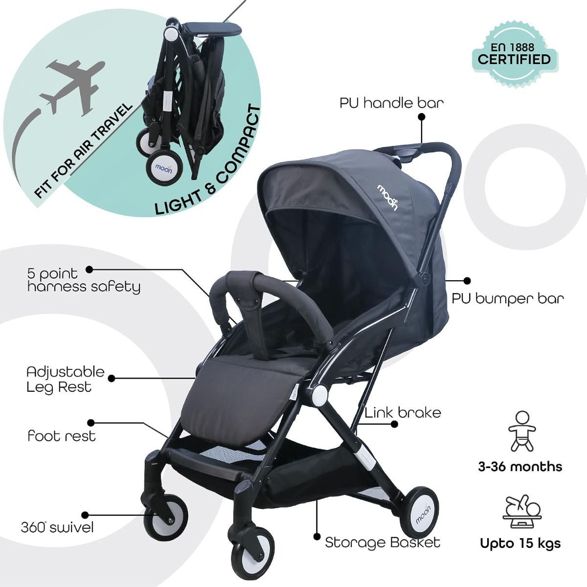 The Moon Brand TravelLite Compact Folding Stroller, Lightweight Cabin Approved Pushchair, 0-18kg, 5-Point Harness | Dark Grey
