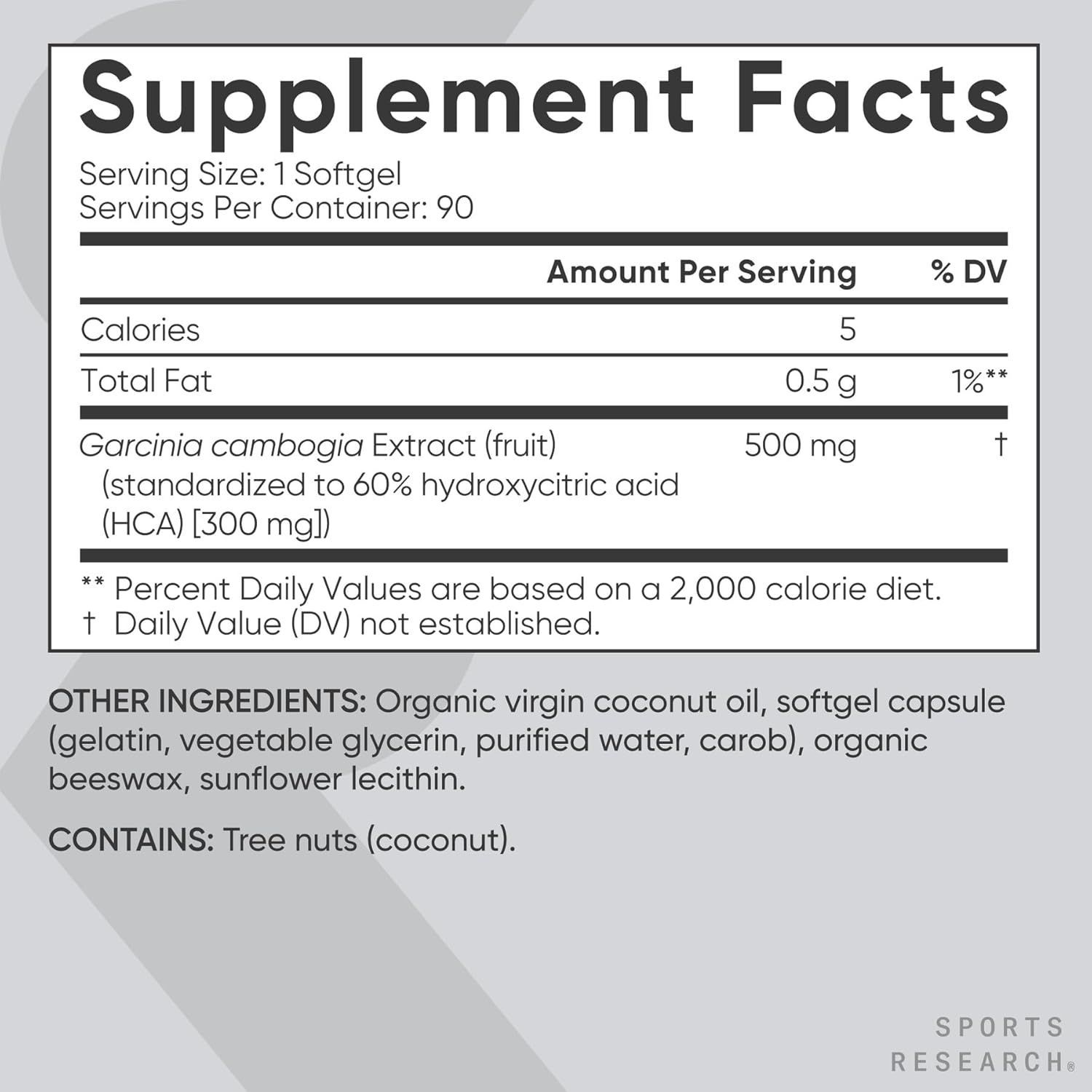 Sports Research Premium Garcinia Cambogia Extract with Extra Virgin Coconut Oil | 90 Softgels