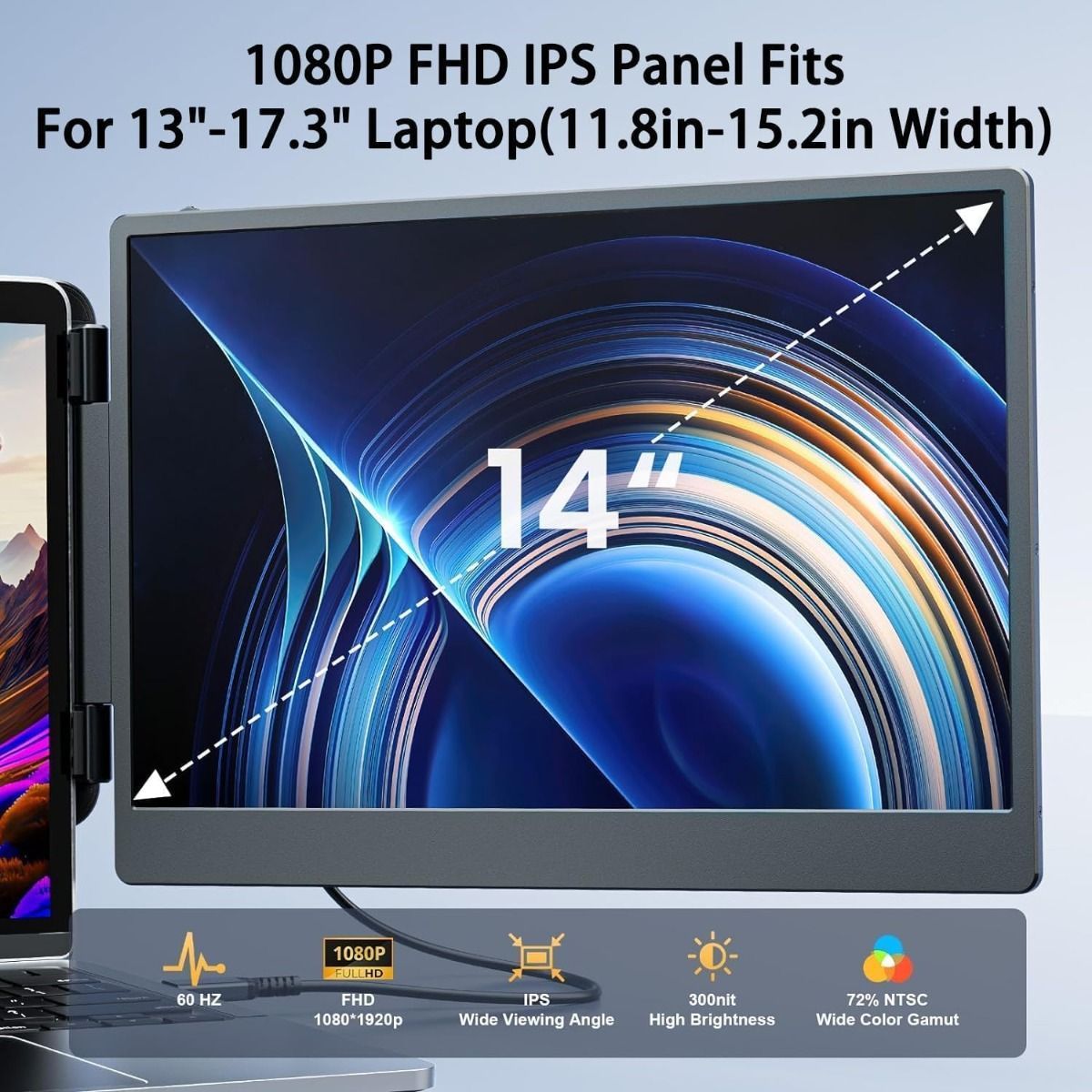 V2COM S1 Laptop Screen Extender 14.1'' FHD 1080P IPS Dual Portable Monitor for 13"-17" Laptops Plug and Play Compatible 