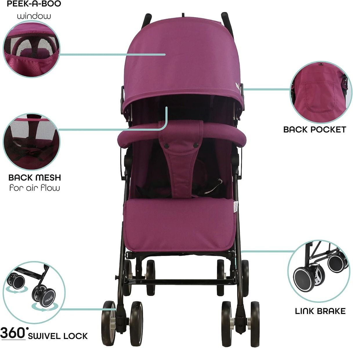 The Moon Brand Neo Plus Lightweight Umbrella Stroller, Compact Fold, Multi-Position Recline, Up to 18 kg, 0 Months+, 5-Point Safety Belt | Purple