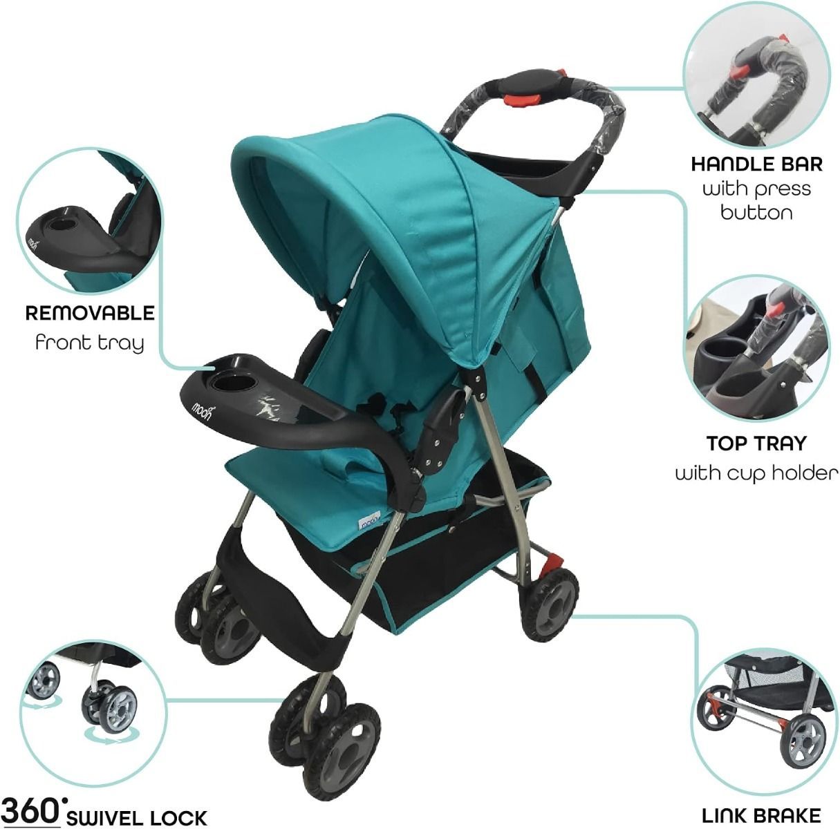 The Moon Brand Bezik One-Hand Fold Travel Stroller - Newborn to 24kg Compact Lightweight Pram Cyan Blue, 0 Months+, 5-Point Safety Harness