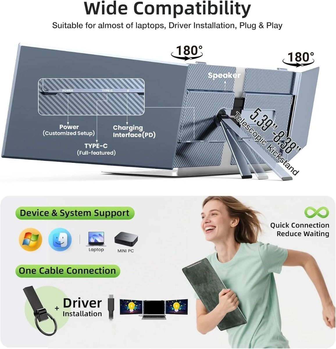V2COM 14" Triple Laptop Screen Extender, One Cable USB-C Portable Monitor, FHD 1080P Ultra-Thin Lightweight Triple Screen for 1317" Laptops - Black