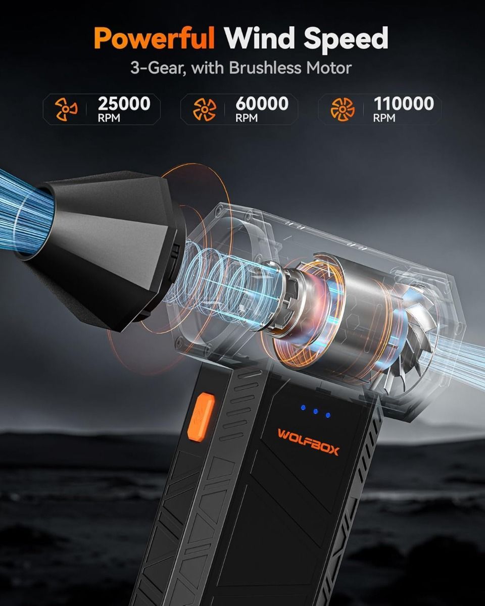 WOLFBOX MegaFlow 50 Electric Air Duster, 110,000 RPM Cordless Compressed Air Duster with 3-Speed Adjustable Mini Blower, Fast Charging, Powerful Dust Cleaner for Computers, Keyboards