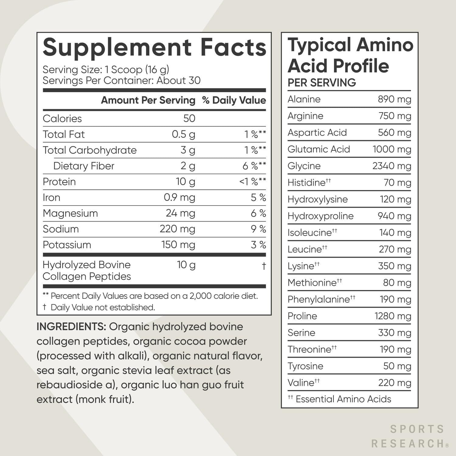 Sports Research Organic Collagen Powder - Hydrolyzed Type I & III - Dark Chocolate Flavor - 30 Servings