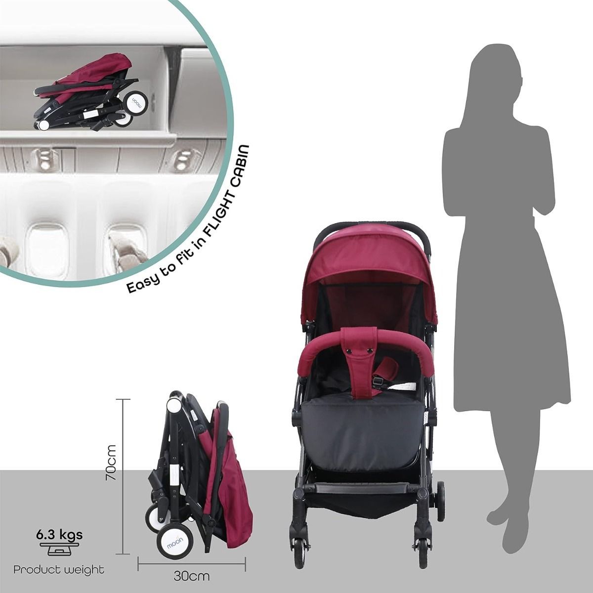 The Moon Brand TravelLite Compact Stroller - Lightweight Foldable Cabin-Friendly Pram for Newborns, 0 - 18 kg, Birth to 3 Years, 5-Point Harness | Dark Red
