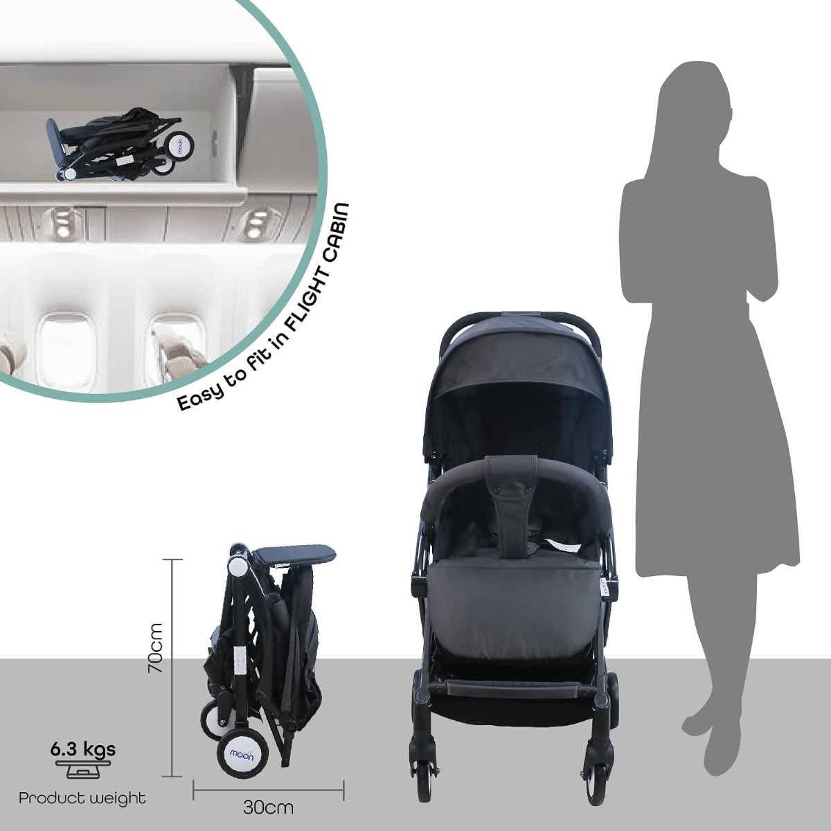 The Moon Brand TravelLite Compact Folding Stroller, Lightweight Cabin Approved Pushchair, 0-18kg, 5-Point Harness | Dark Grey