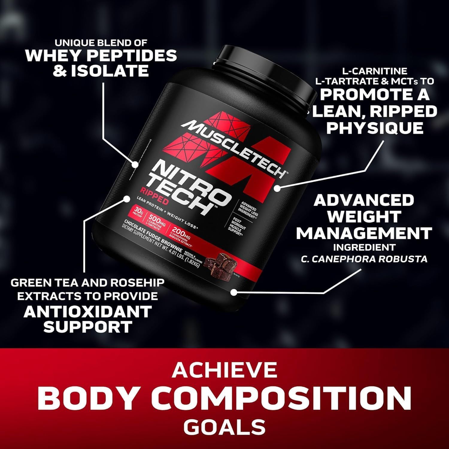 MuscleTech Nitro-Tech Ripped Whey Protein - 30g Protein, Lean Muscle & Weight Management - Chocolate