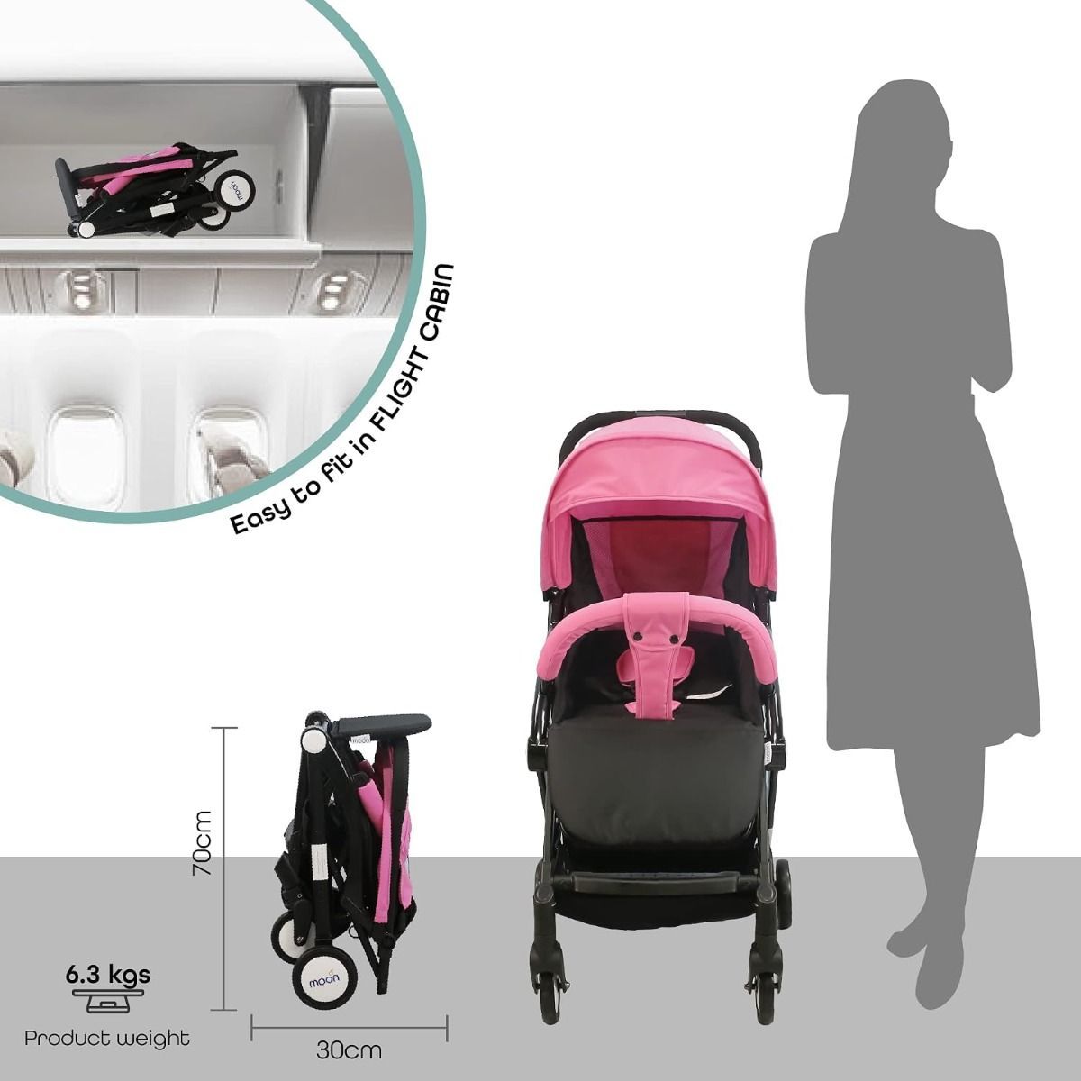 The Moon Brand TravelLite Compact Stroller - Lightweight Cabin-Approved Foldable Pram for Newborns Pink, 0-18 kg,  5-Point Harness