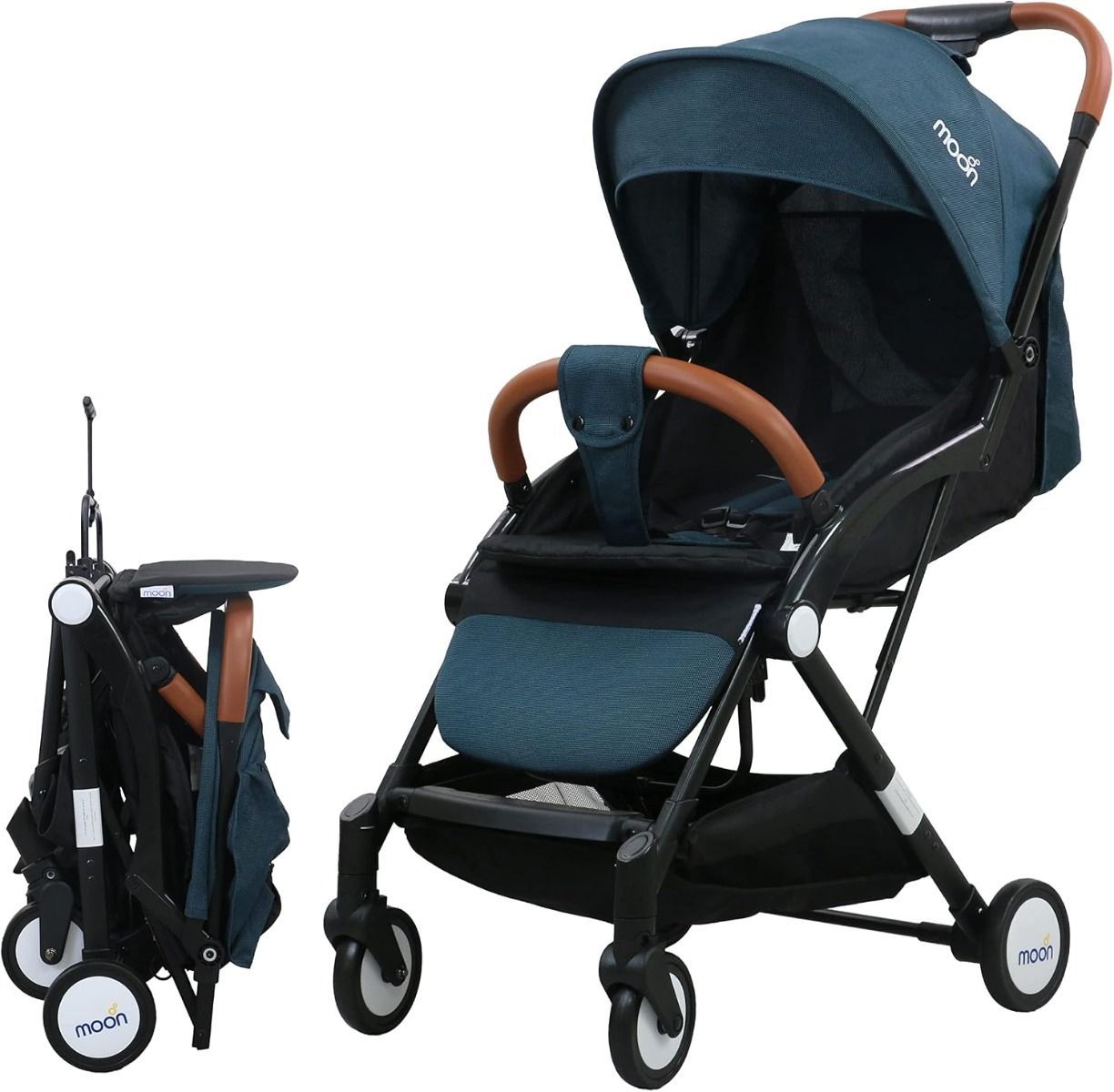 The Moon Brand Ritzi Lightweight Travel Stroller, Compact Cabin Foldable Pushchair with Reclining, Up to 18 kg, 0 Months+, 5-Point Safety Belt | Black/Blue 