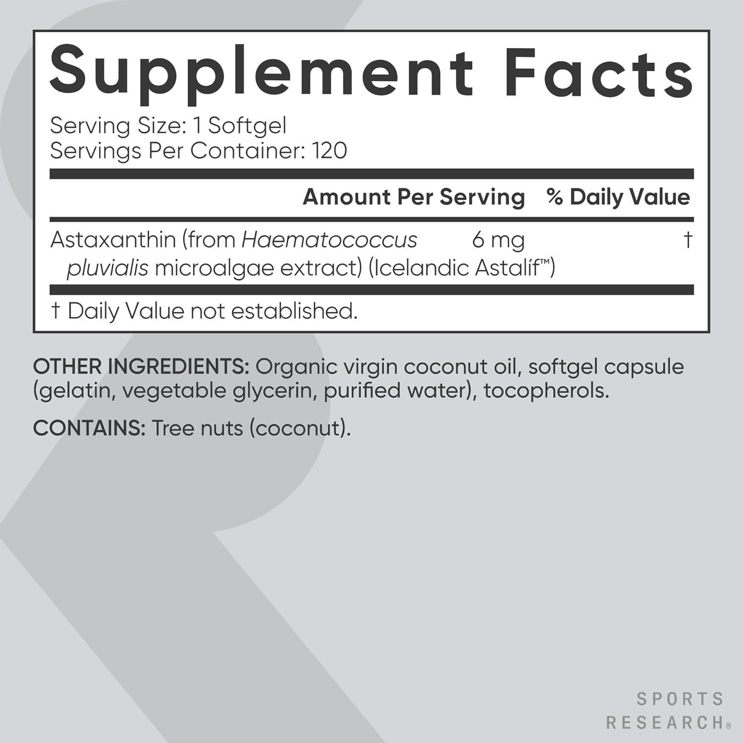 Sports Research Astaxanthin 6mg with Organic Coconut Oil - 120 Mini Softgels