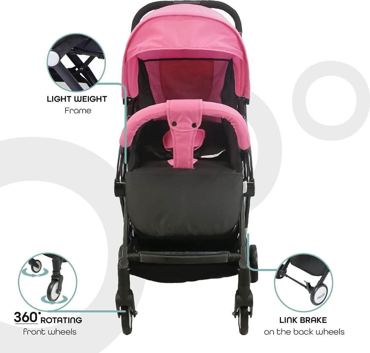 The Moon Brand TravelLite Compact Stroller - Lightweight Cabin-Approved Foldable Pram for Newborns Pink, 0-18 kg,  5-Point Harness