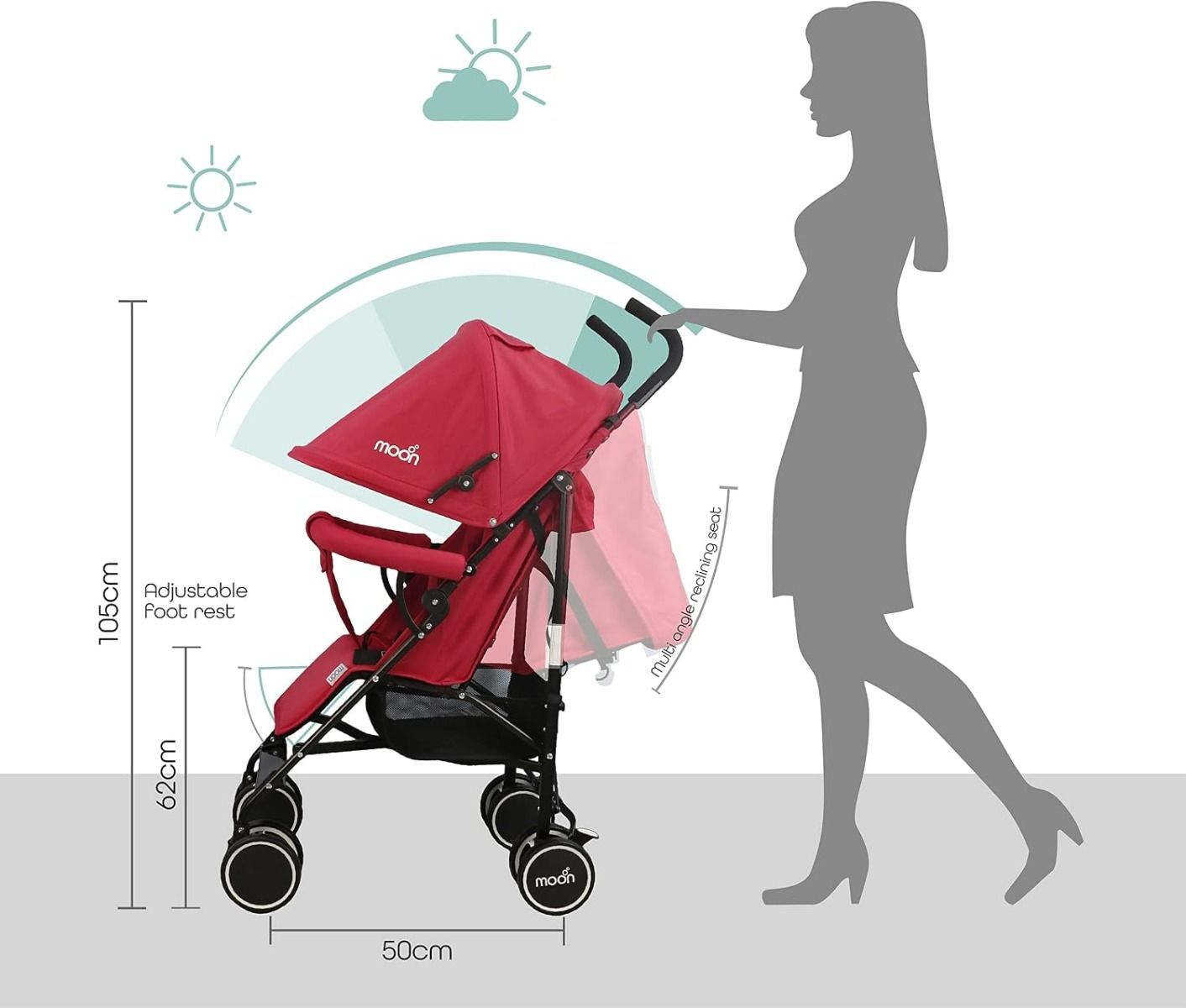 The Moon Brand Neo Plus Lightweight Travel Stroller Compact Umbrella Fold Pushchair for Babies Fire Red, 5-Point Safety Belt