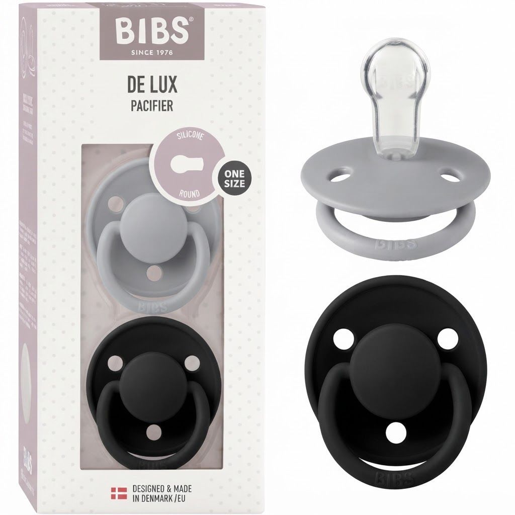 BIBS De Lux Pacifiers Size 1 0-3 Years 2 Pack, Soothing Silicone Nipple, Anatomical Shape, Lightweight And Breathable Design - Cloud/Black