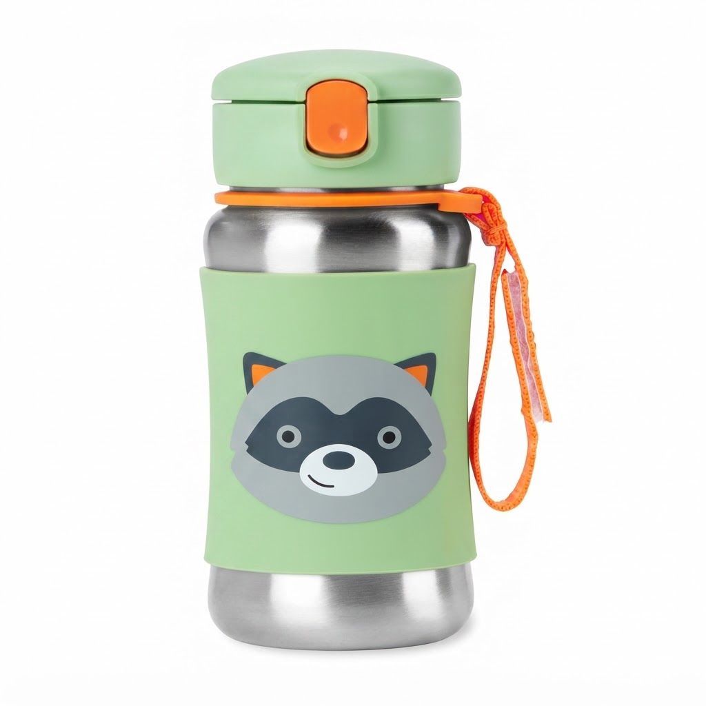 Skip Hop Zoo Racoon Stainless Steel Straw Bottle 12+ Months 350ml, No-slip Silicone Sleeve, Flexible Straw Flips Down To Stay Clean - Multicolour