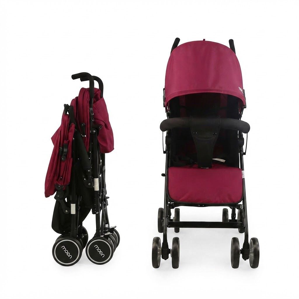 The Moon Brand Neo Plus Lightweight Travel Stroller - Compact Umbrella Fold Pushchair for Newborns Dark Red, Up to 18 kg, 0 Months+, 5-Point Safety Harness
